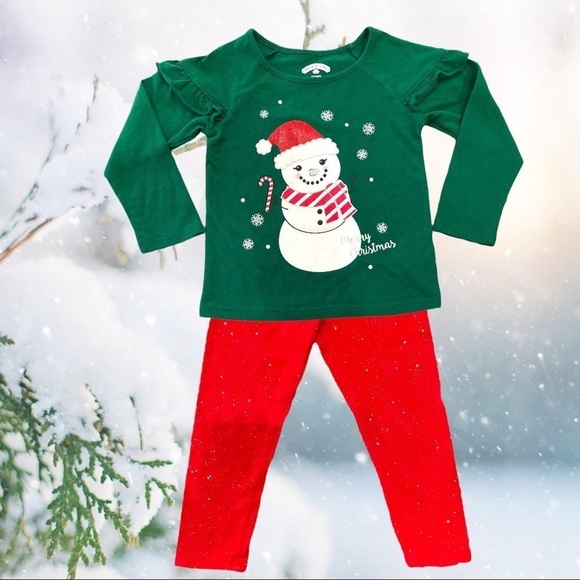 GIRLS Size 2T Long Sleeve Snowman Shirt and Red Glitter Leggings - Picture 1 of 4